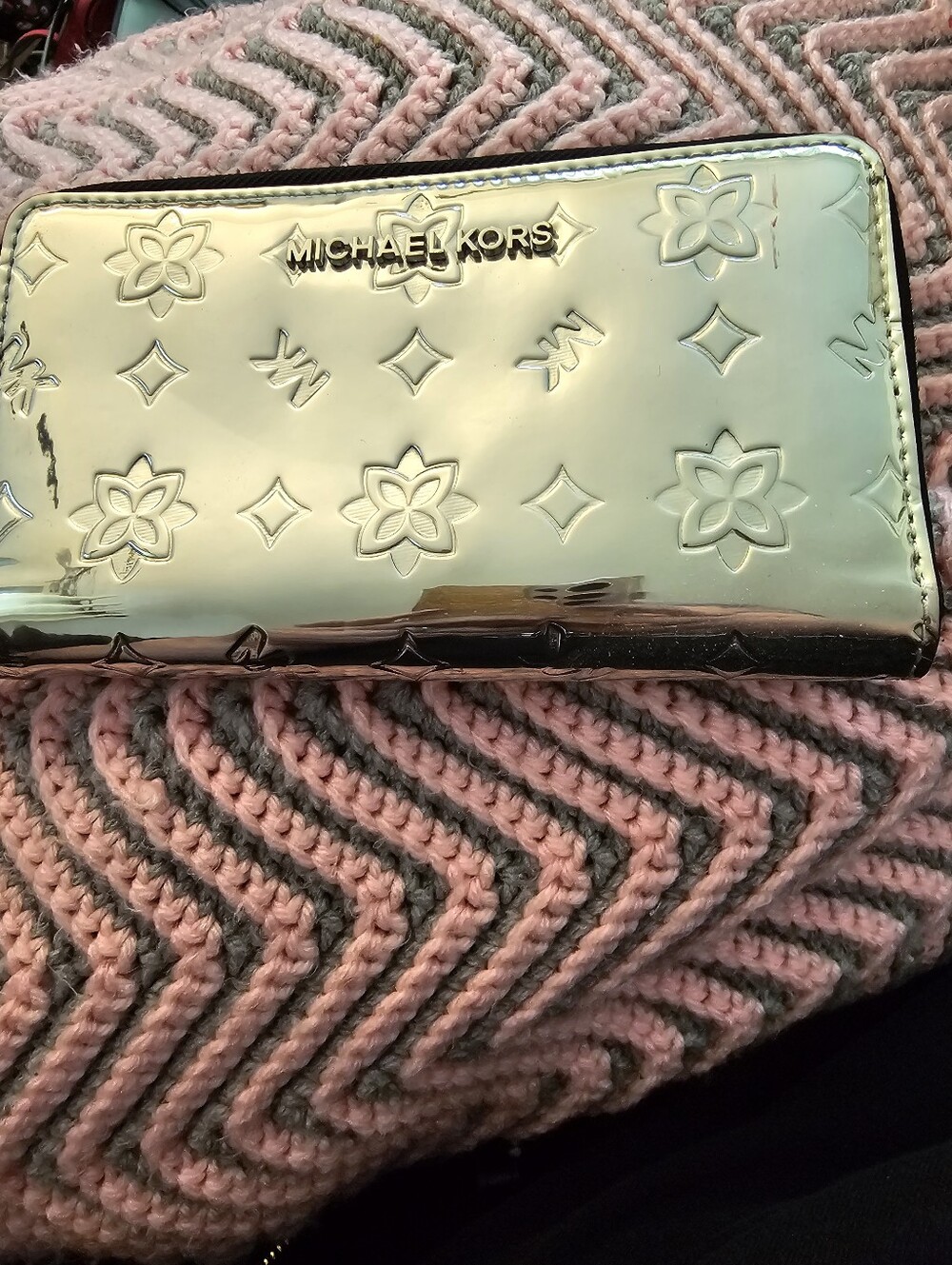 Michael Kors Metallic Gold Embossed Floral Patent Wallet